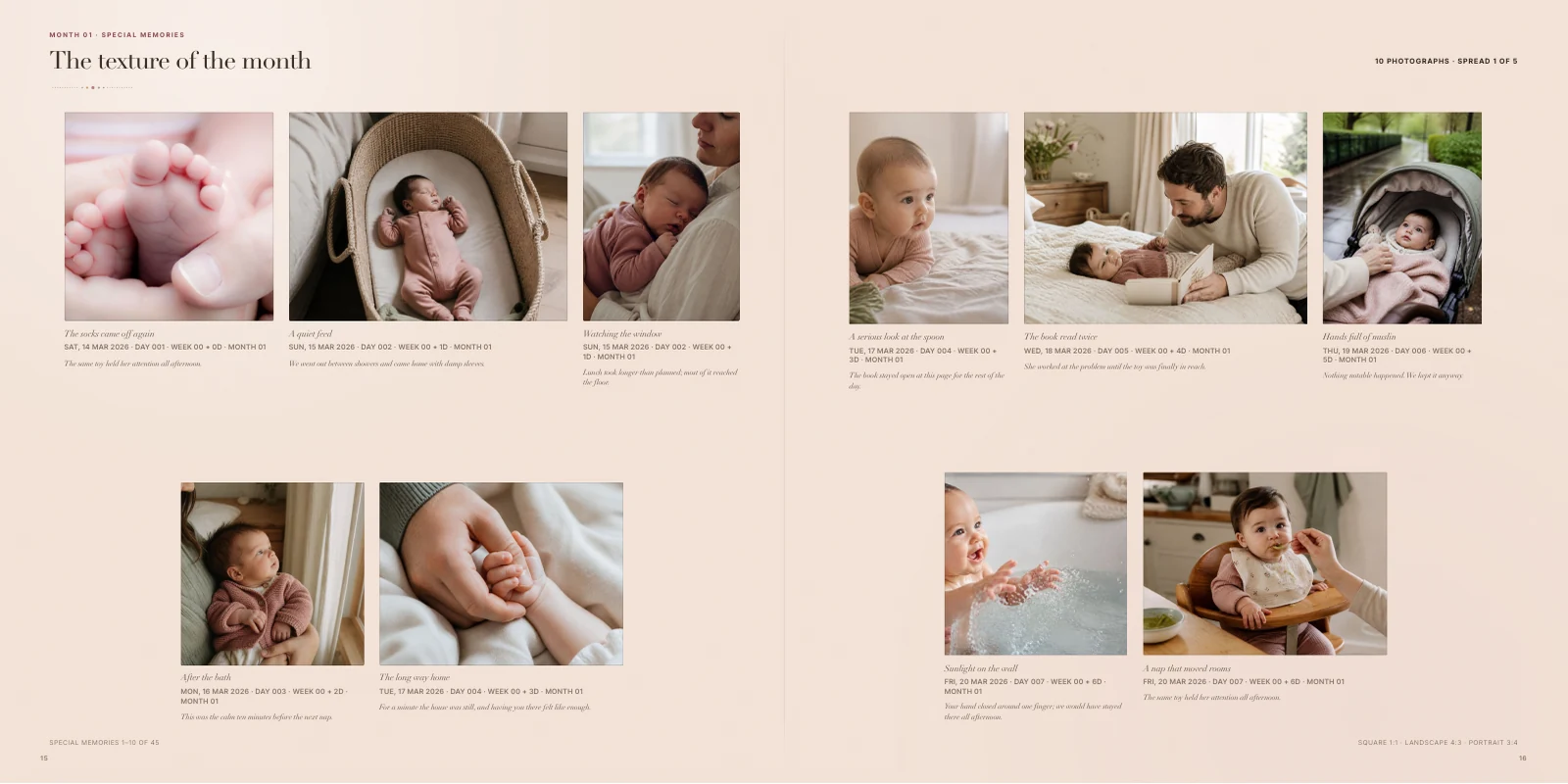 A printed sample spread from the photo book, with family photographs and written memories.