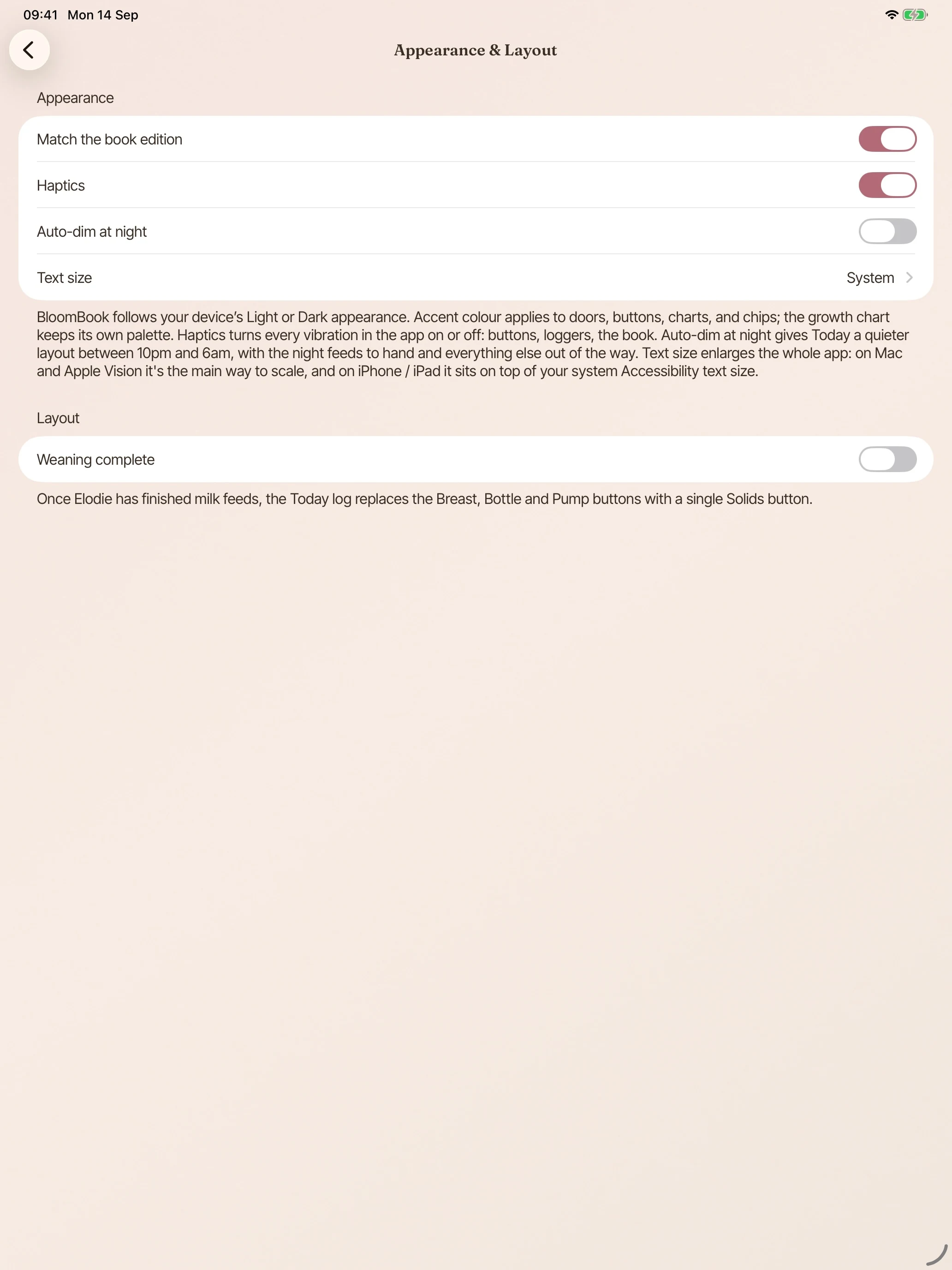 BloomBook Appearance & Layout settings on iPad, including Auto-dim at night.