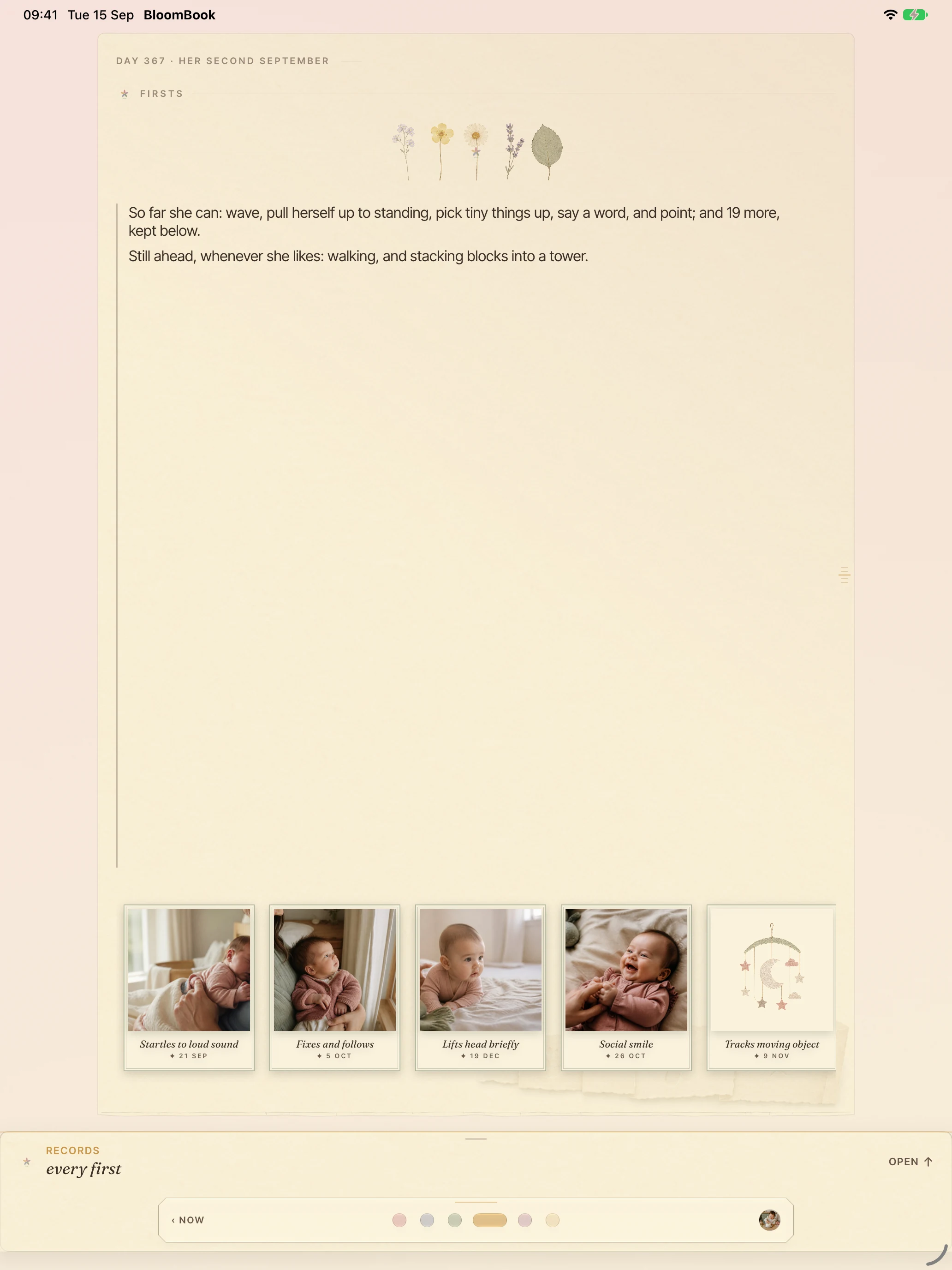 BloomBook on iPad: the Firsts page with recorded milestones and photographs.