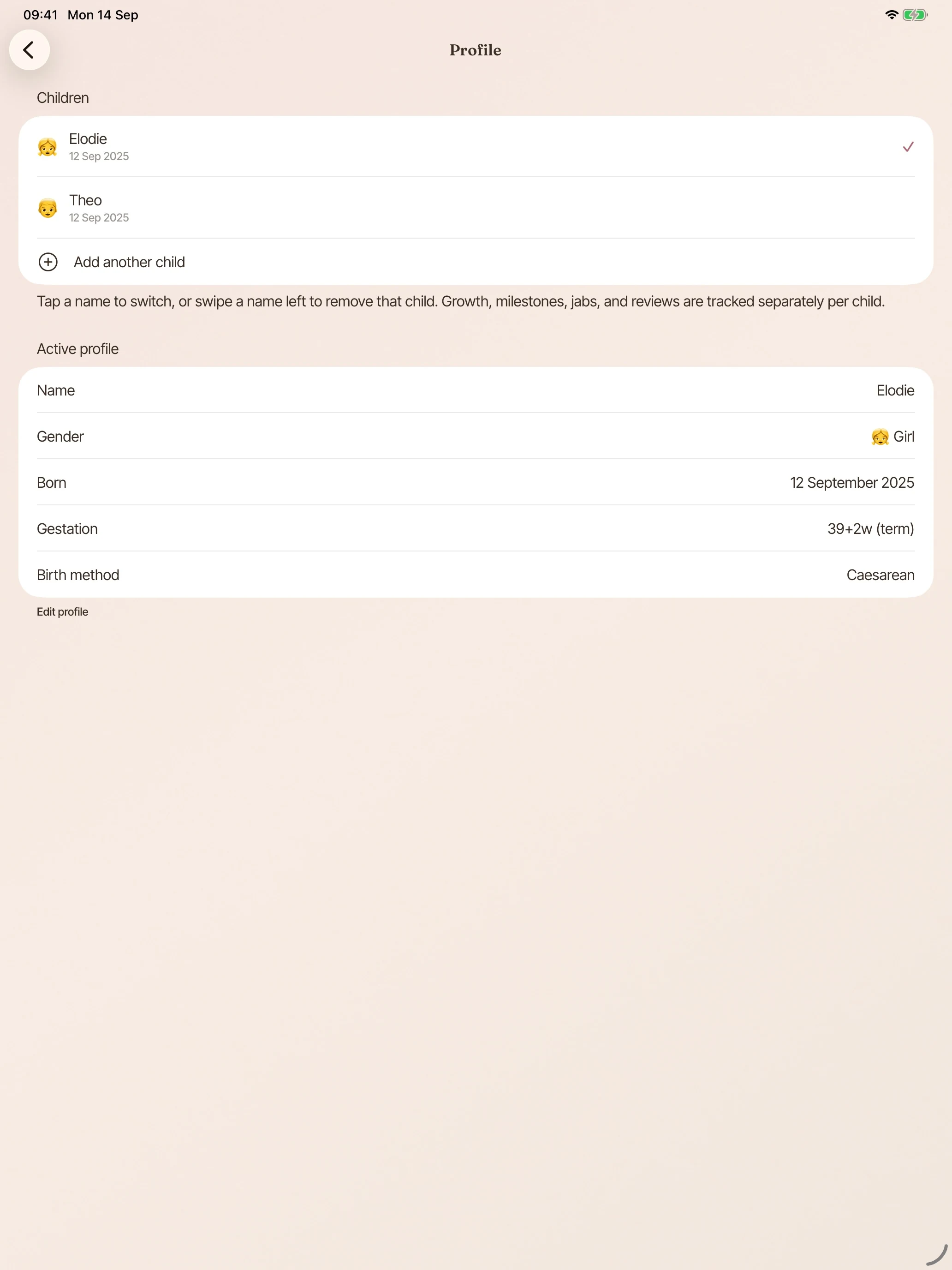 BloomBook on iPad: the Profile page listing Elodie and Theo and an option to add another child.