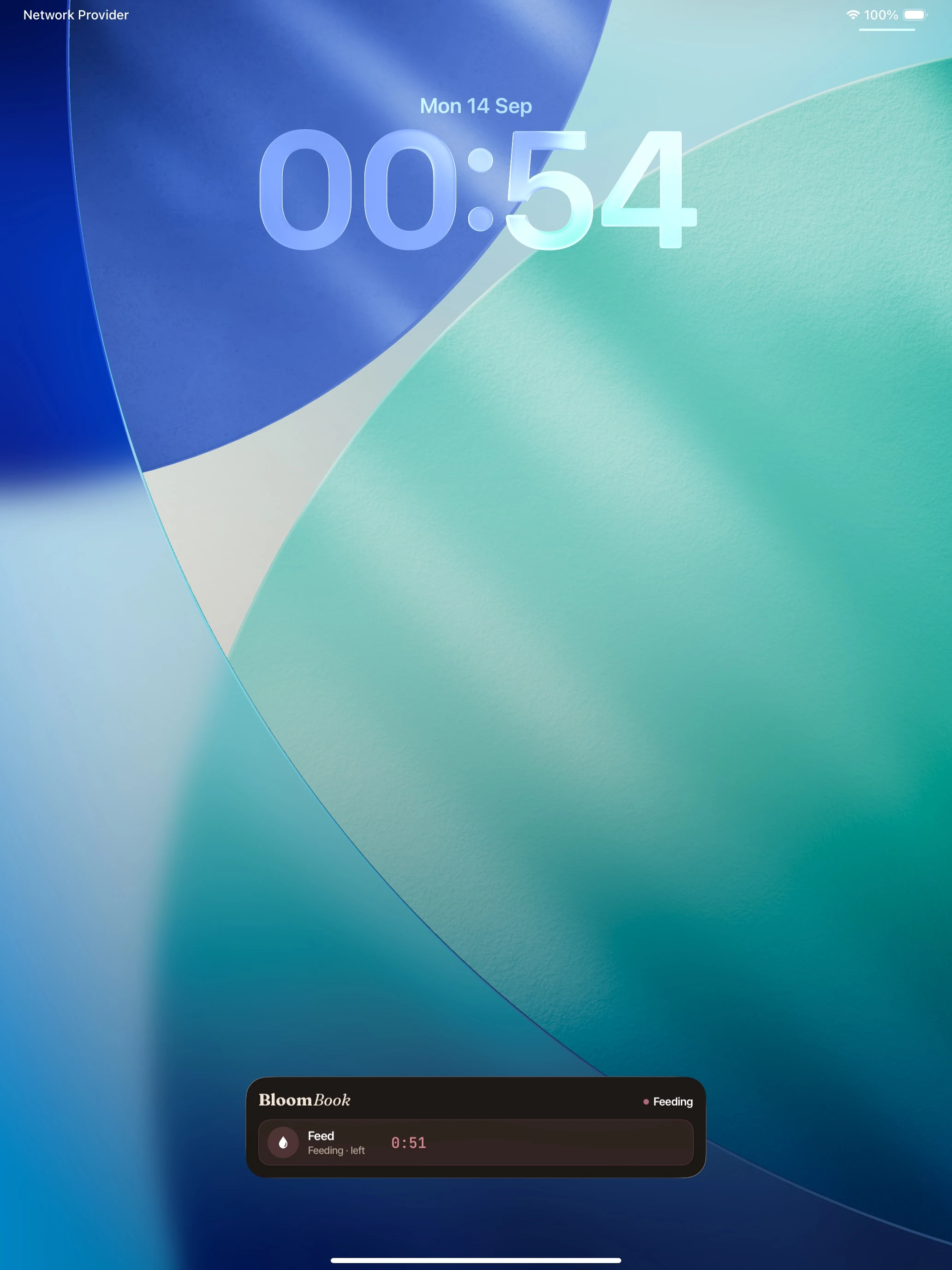 On iPad, BloomBook’s Lock Screen Live Activity showing a left-side breast feed timing live.