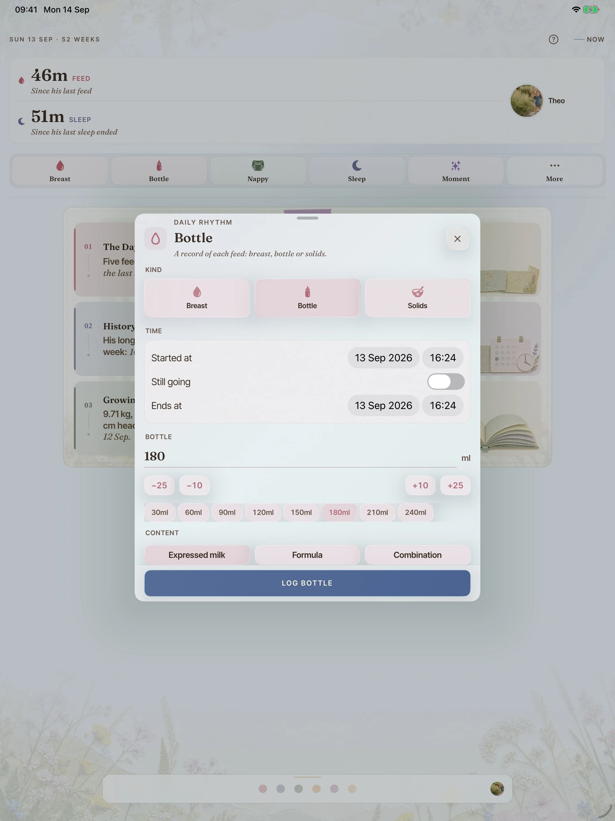 On iPad, the full BloomBook bottle logger with time, amount and feeding details.