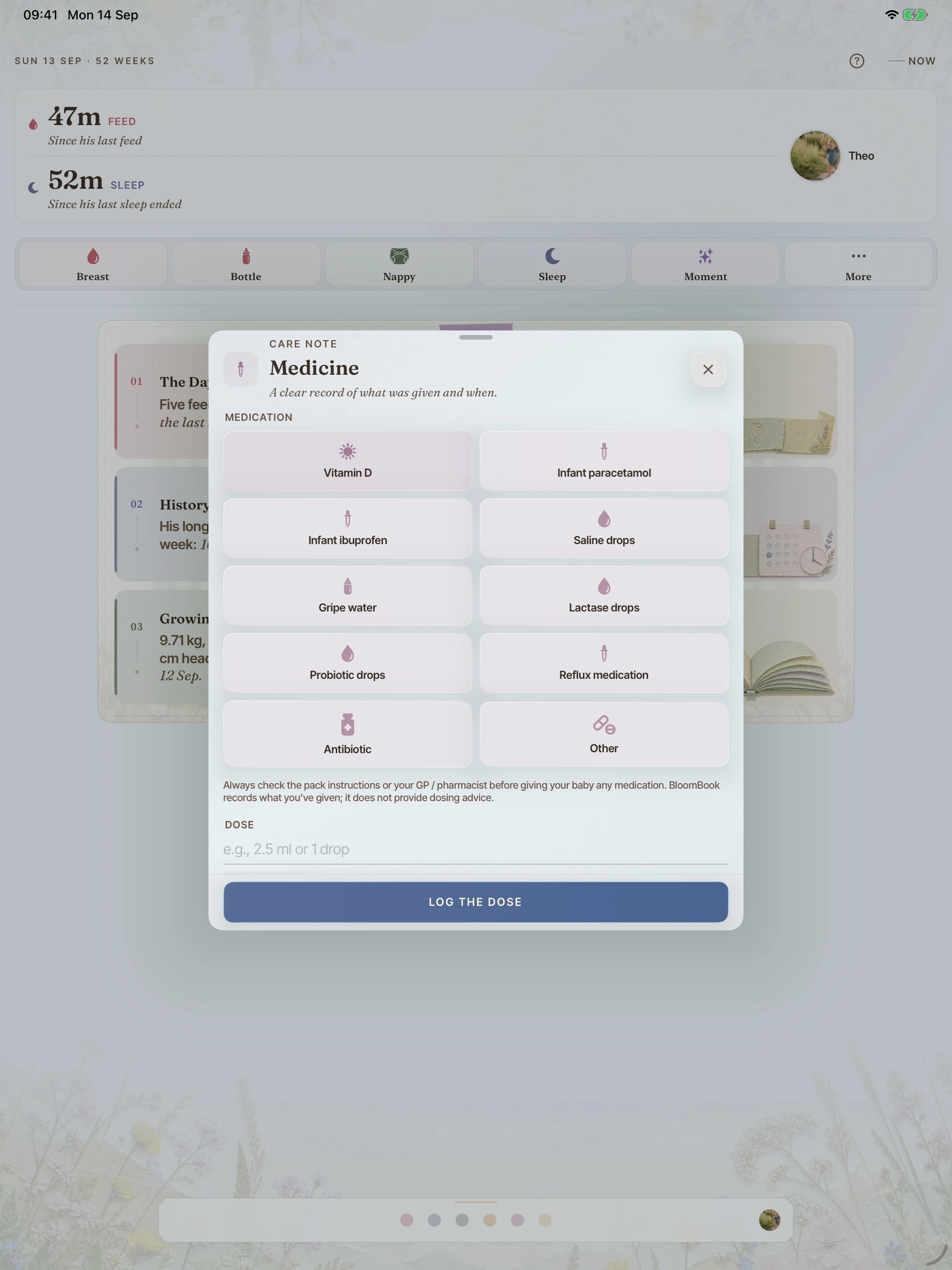 BloomBook on iPad: the medicine logger with medicine choices, amount, details and a save button.