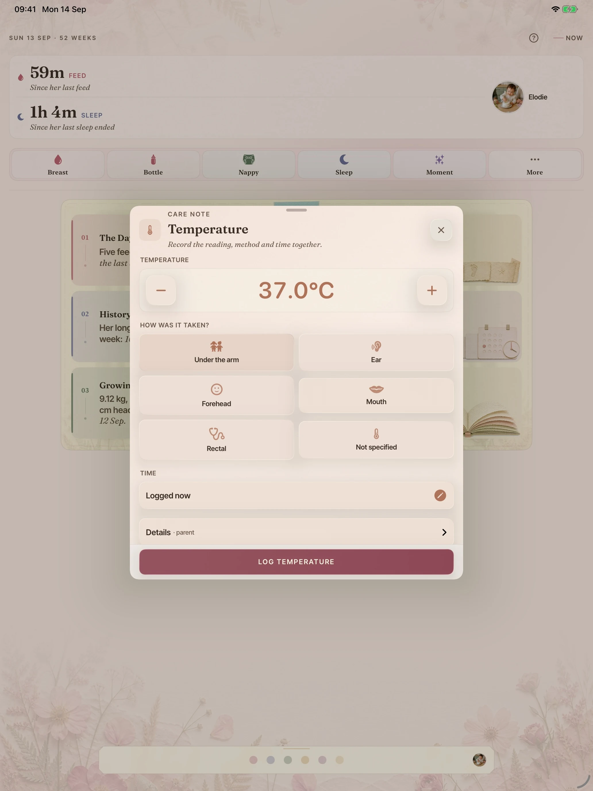 BloomBook on iPad: the temperature logger with a recorded value, measurement method and details.