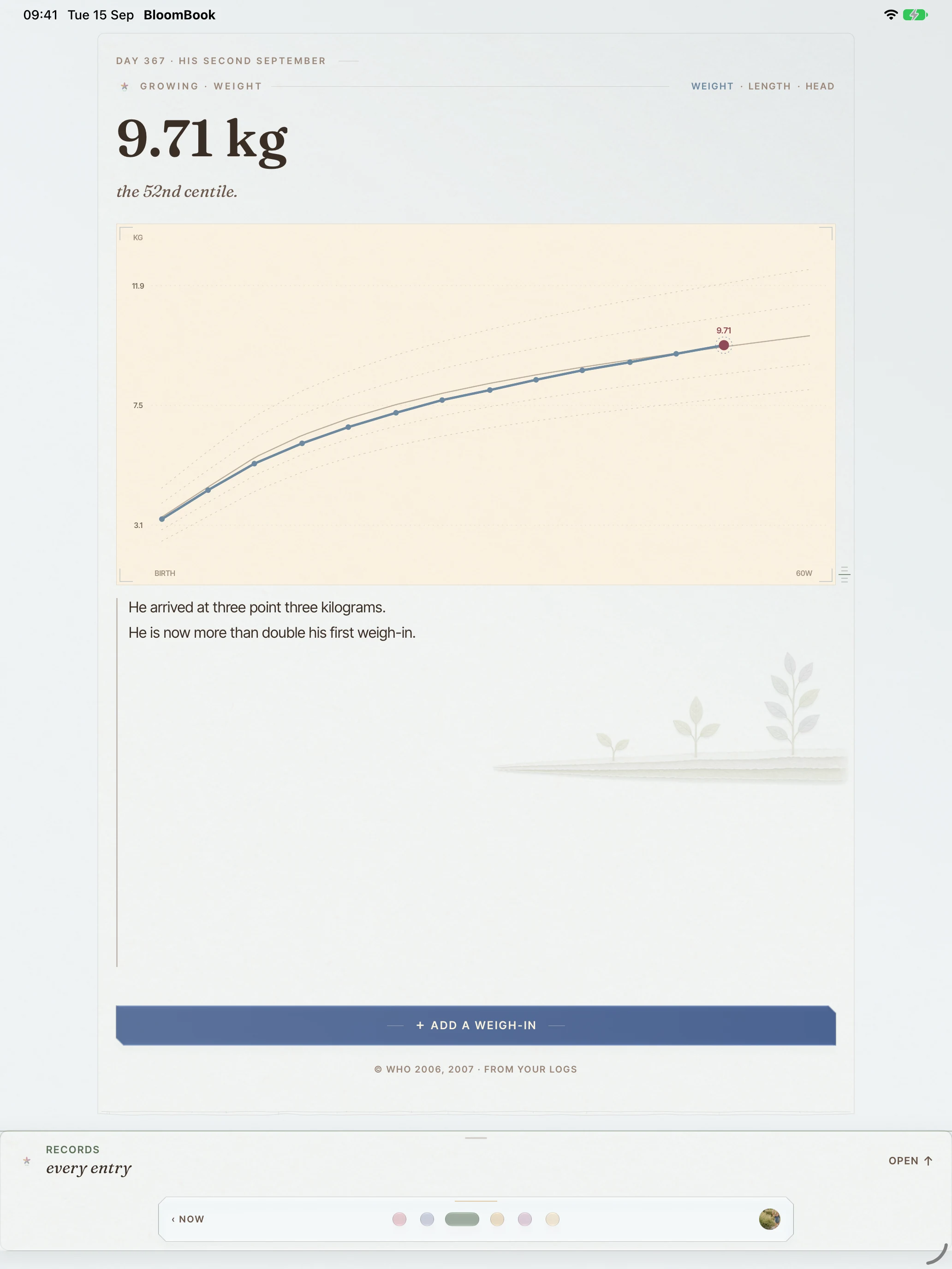 BloomBook on iPad: the Growing page showing the weight growth curve.
