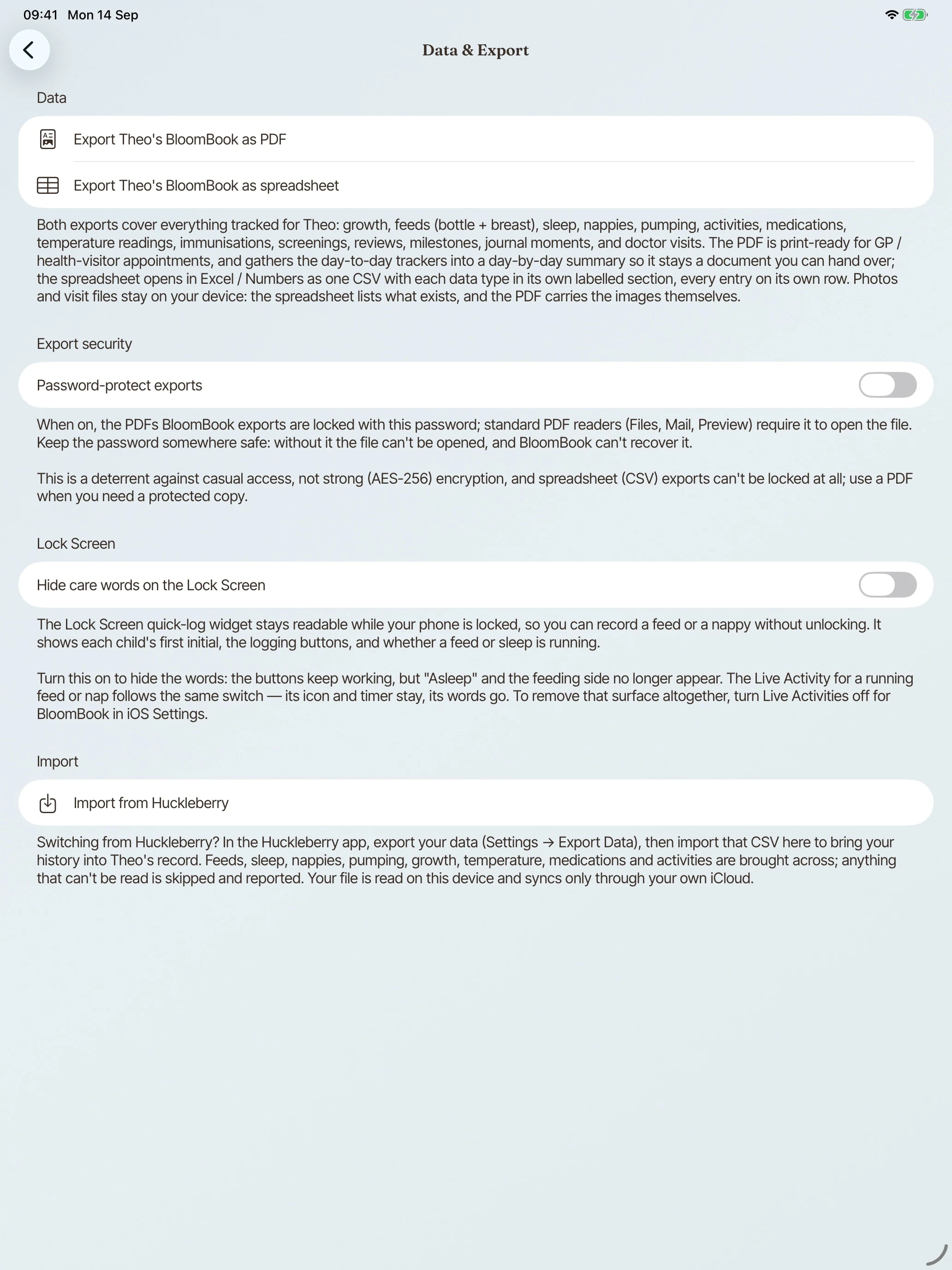 On iPad, BloomBook Data & Export settings with a spreadsheet export option.