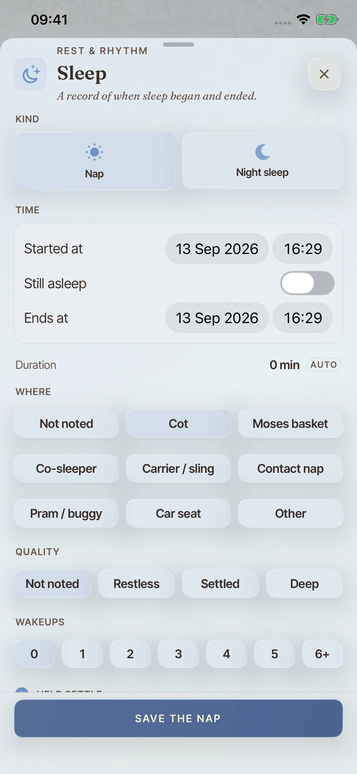 The BloomBook sleep logger with day or night, times and sleep details.