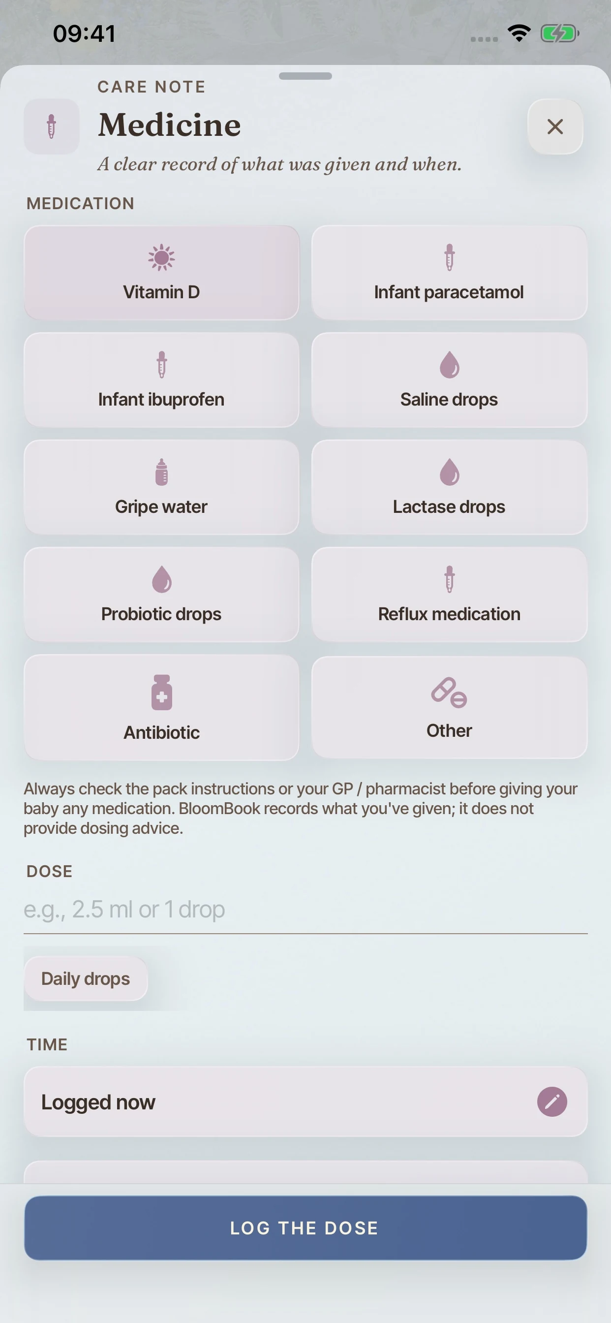 The BloomBook medicine logger with medicine choices, amount, details and a save button.