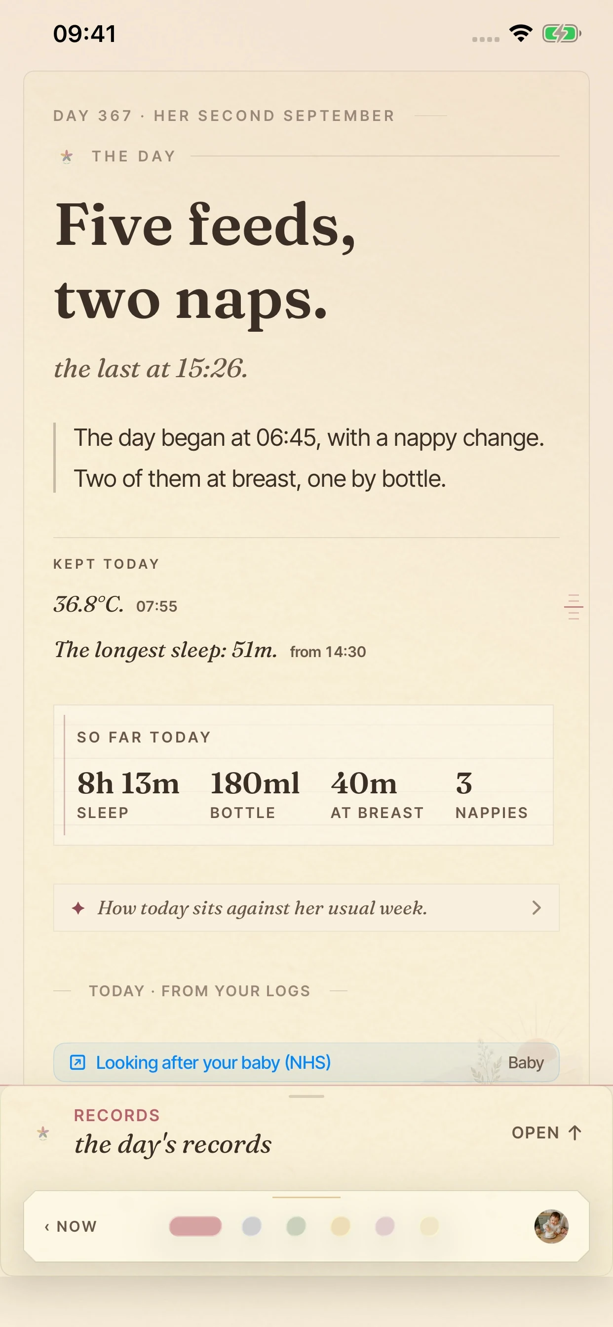 The BloomBook Day page with a recorded temperature of 36.8°C and daily logging totals.