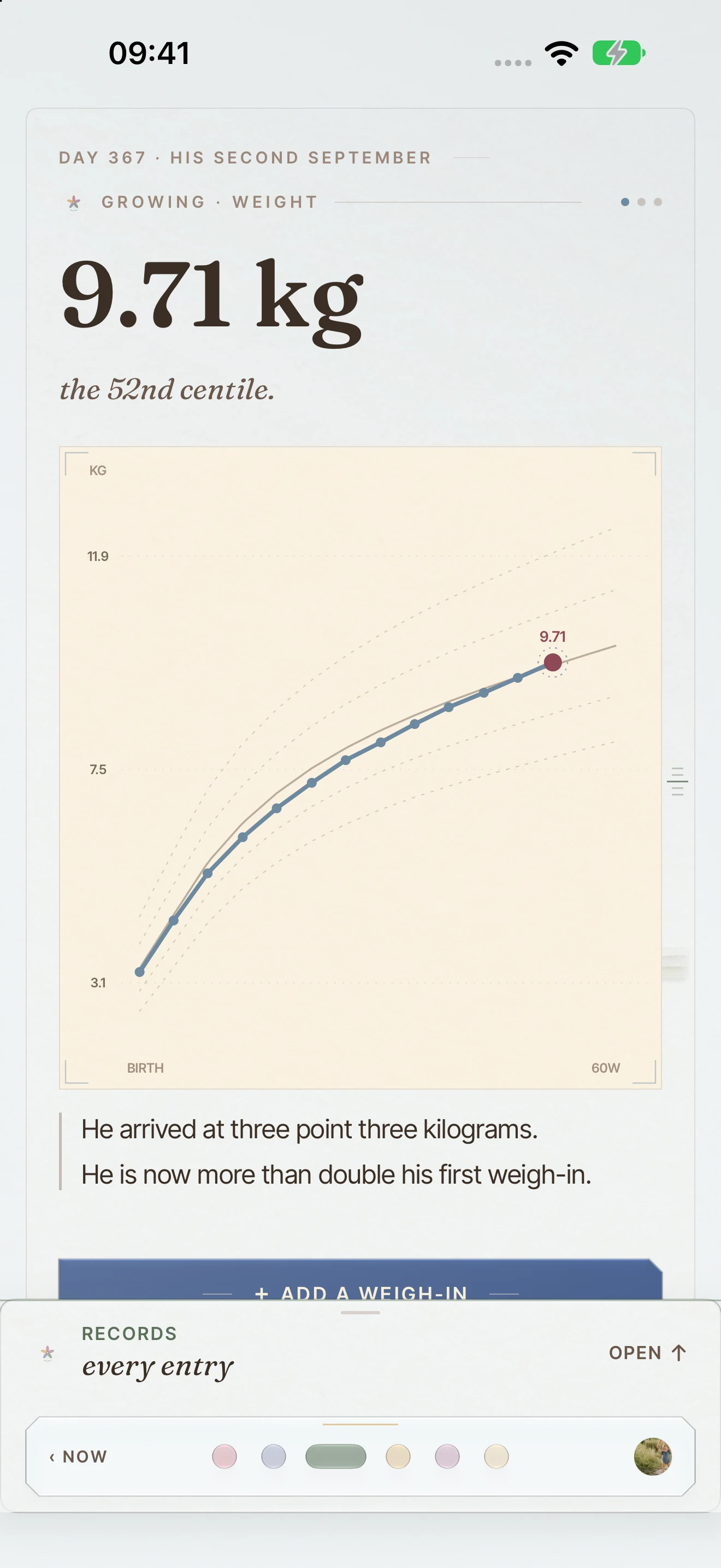 The BloomBook Growing page showing the weight growth curve.