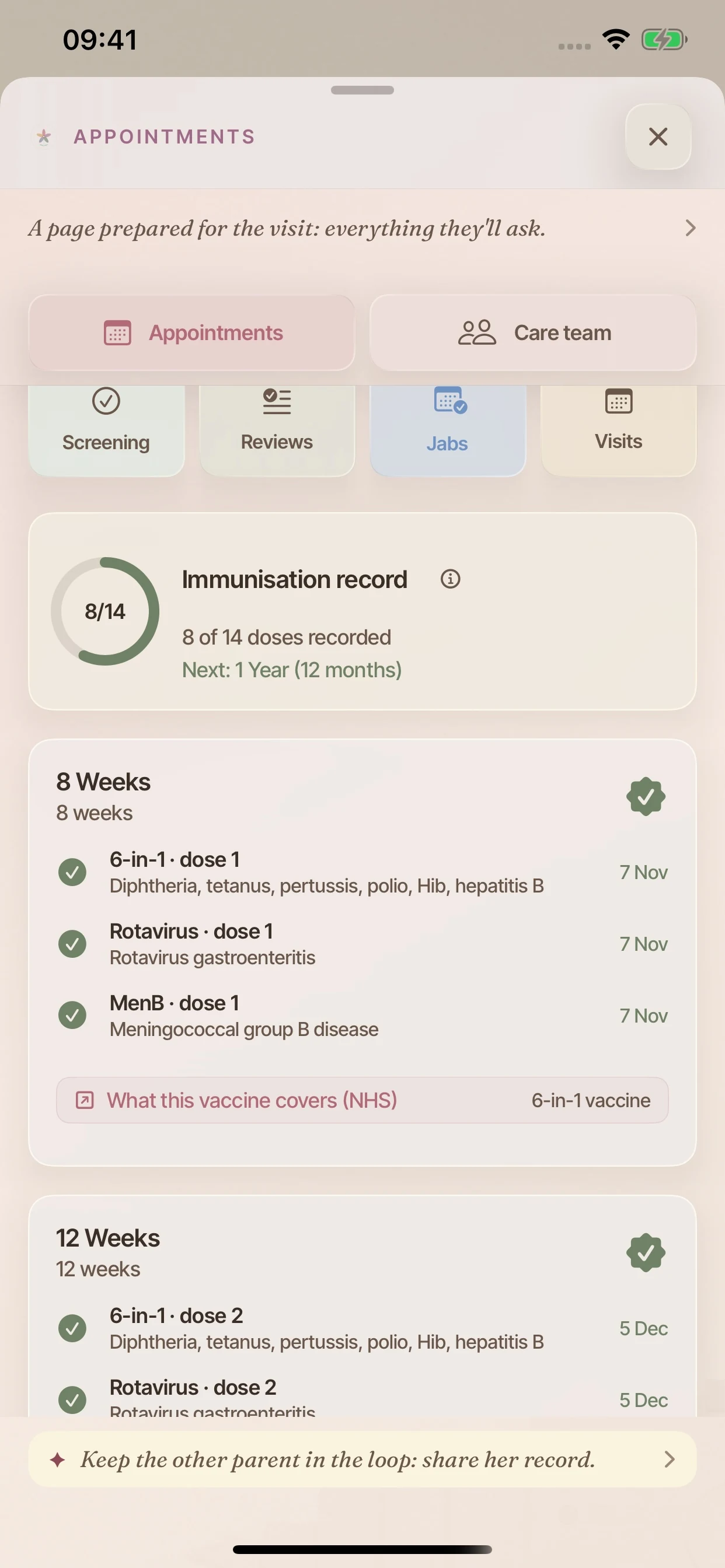 The BloomBook vaccination records with appointment dates and recorded details.
