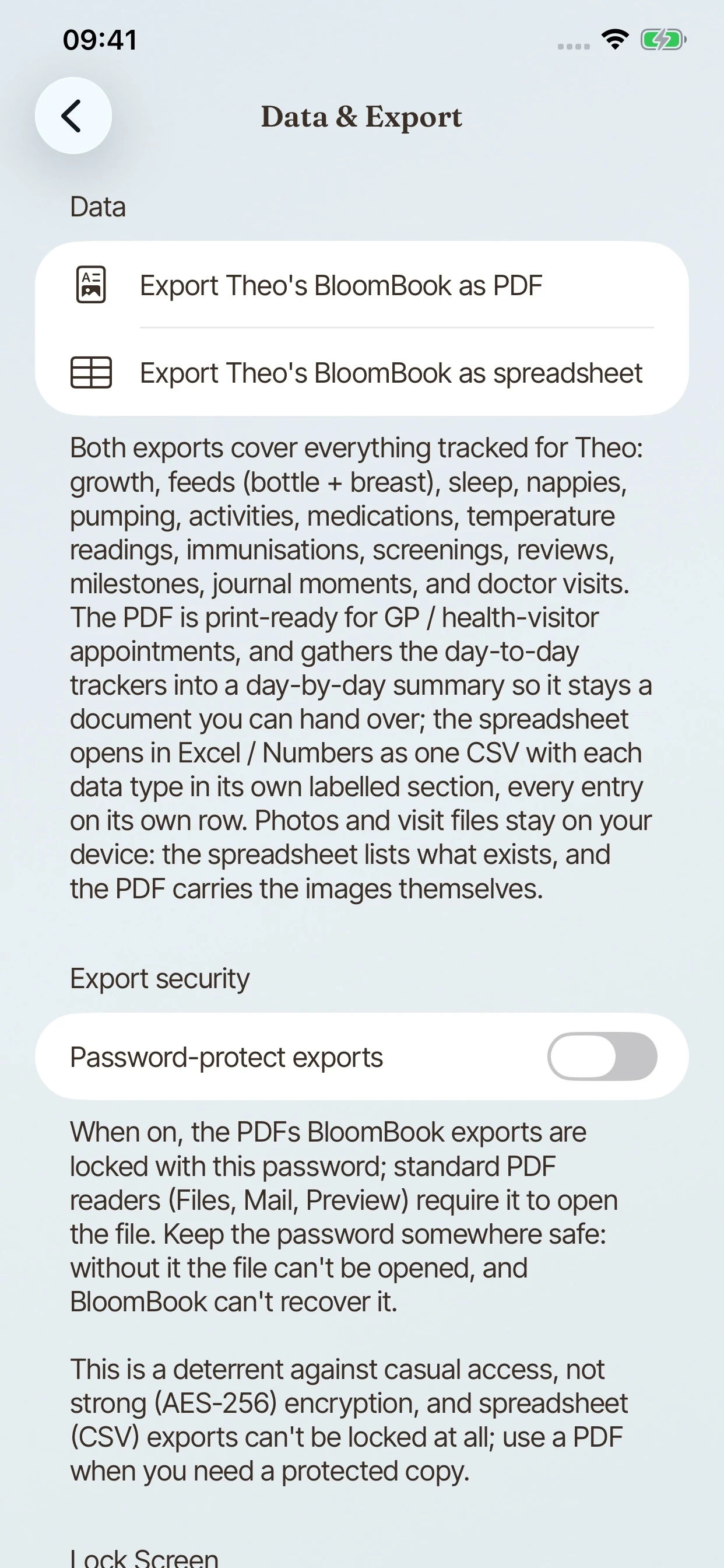 BloomBook Data & Export settings with PDF and spreadsheet export options.