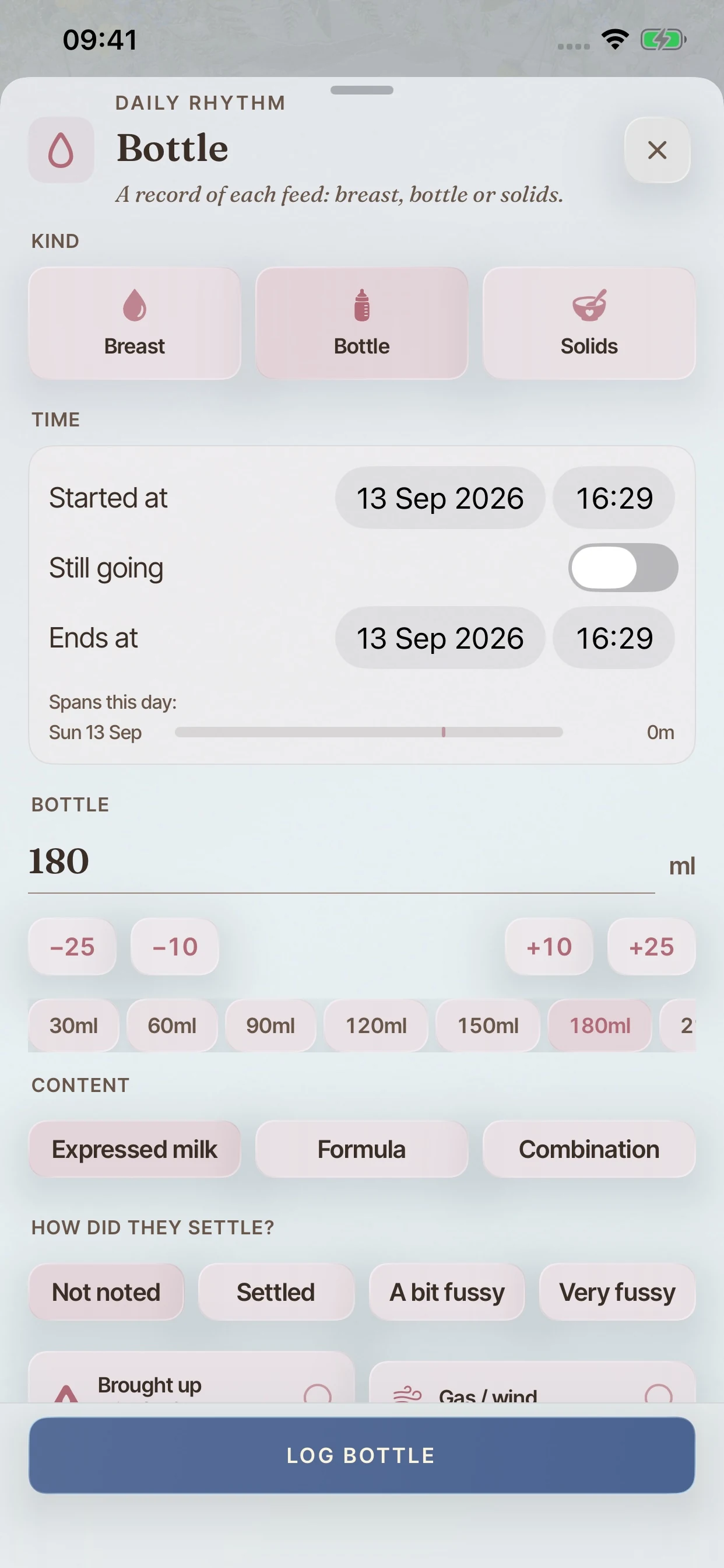 The BloomBook bottle logger with amount choices, timing and feeding details.