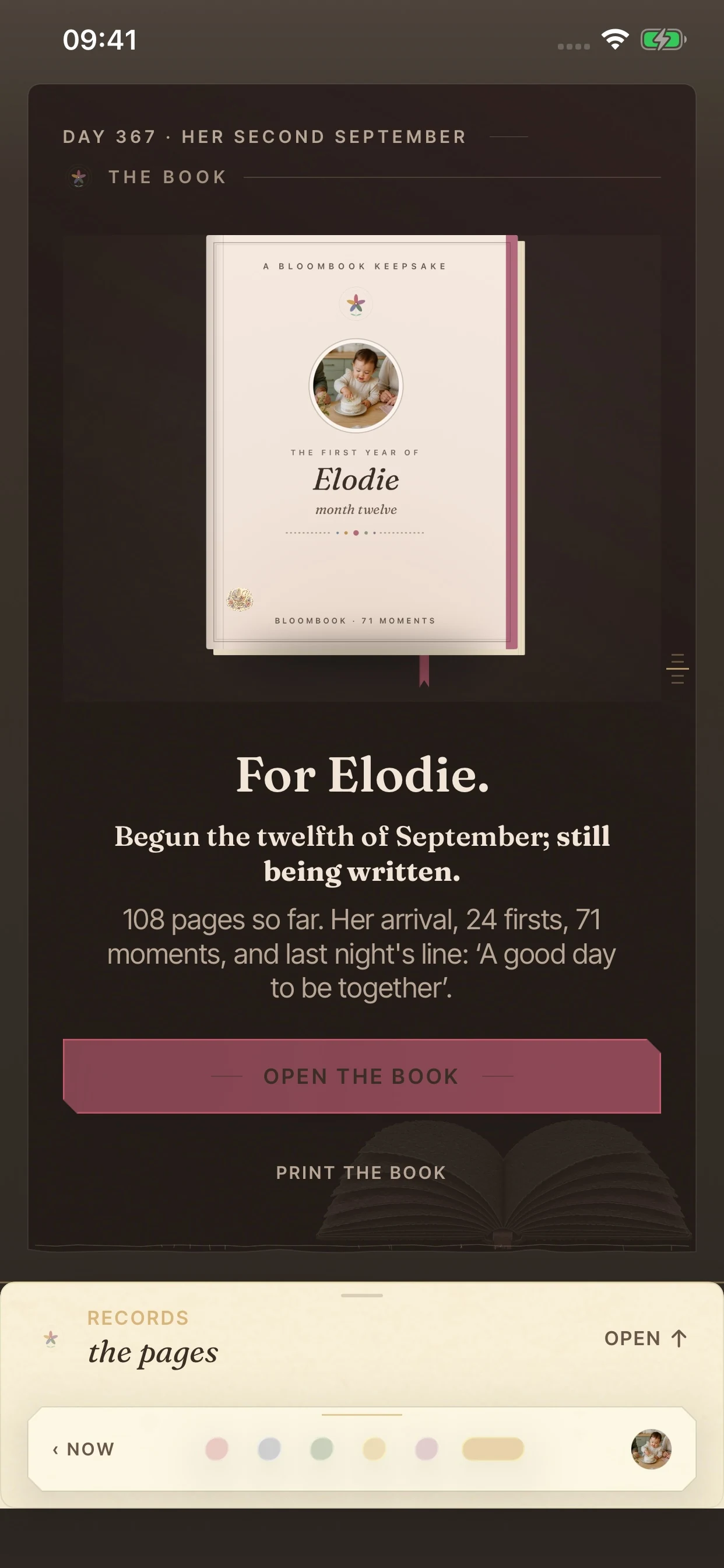 Elodie’s keepsake cover in BloomBook, with Open the Book and Print the Book.