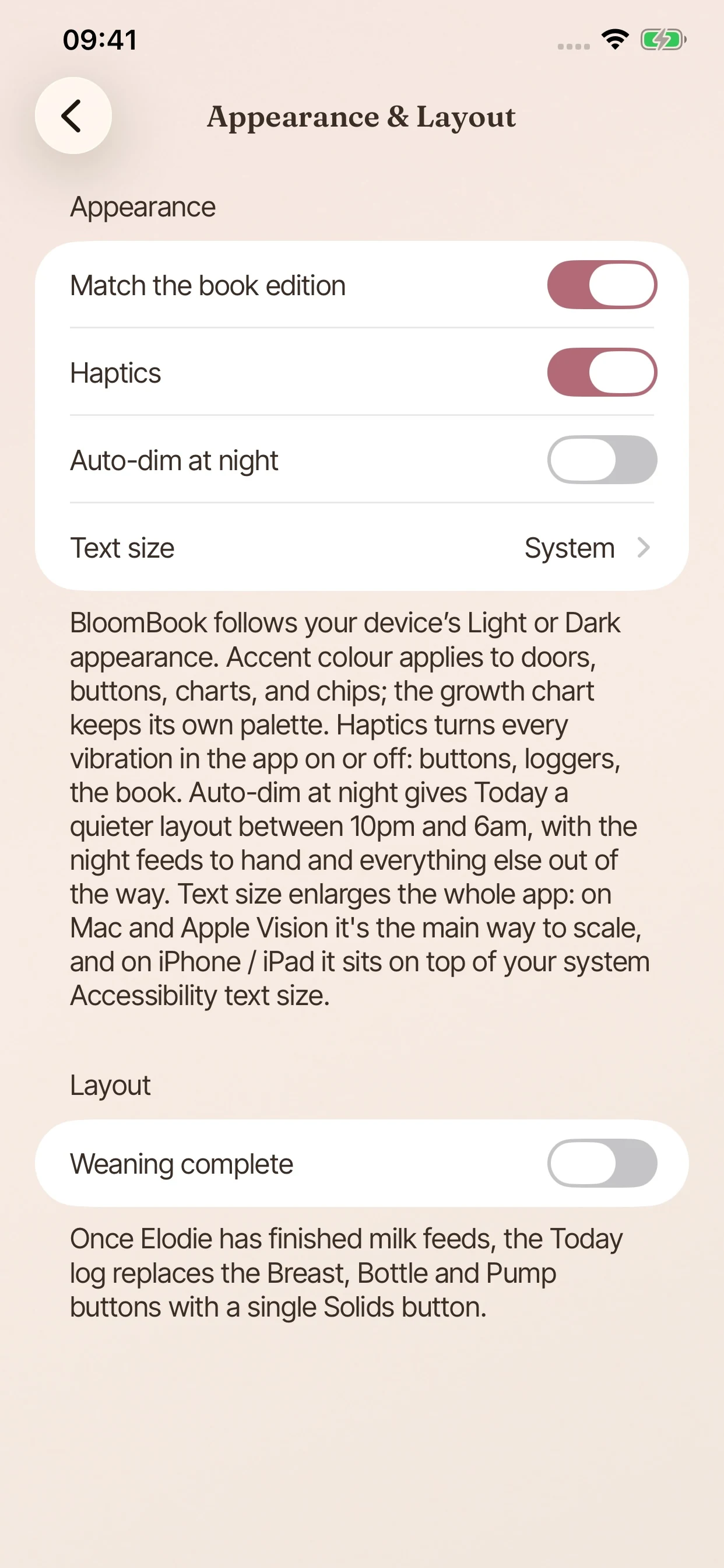 BloomBook Appearance & Layout settings on iPhone, including Auto-dim at night.
