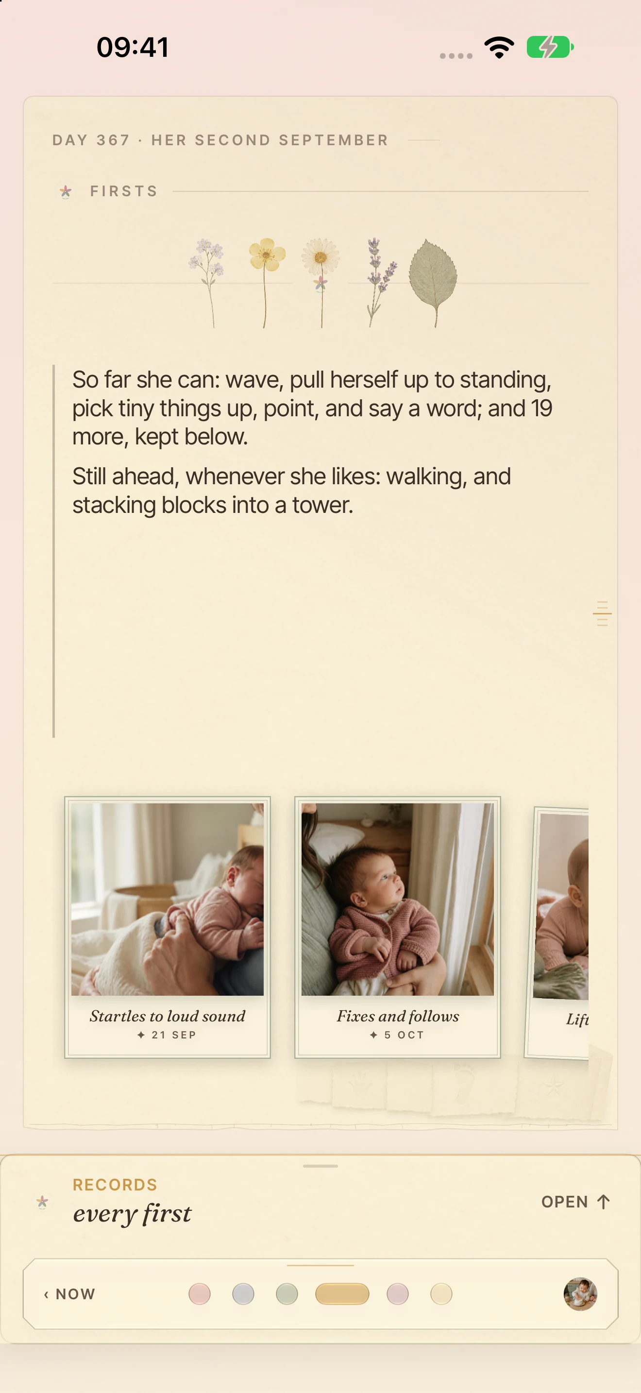 The BloomBook Firsts page with recorded milestones and photographs.