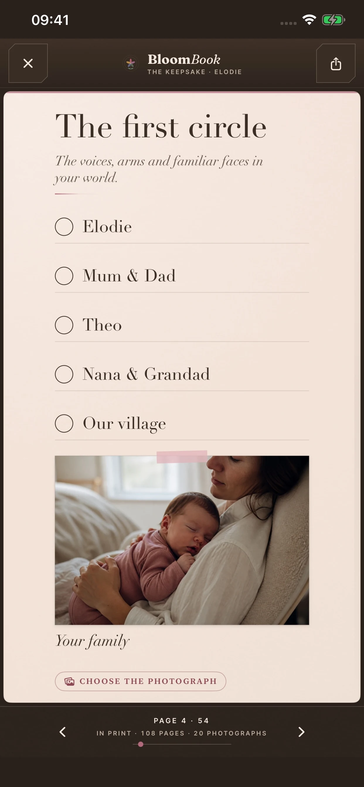 A family spread in the keepsake book, titled The first circle, with names and a photograph.