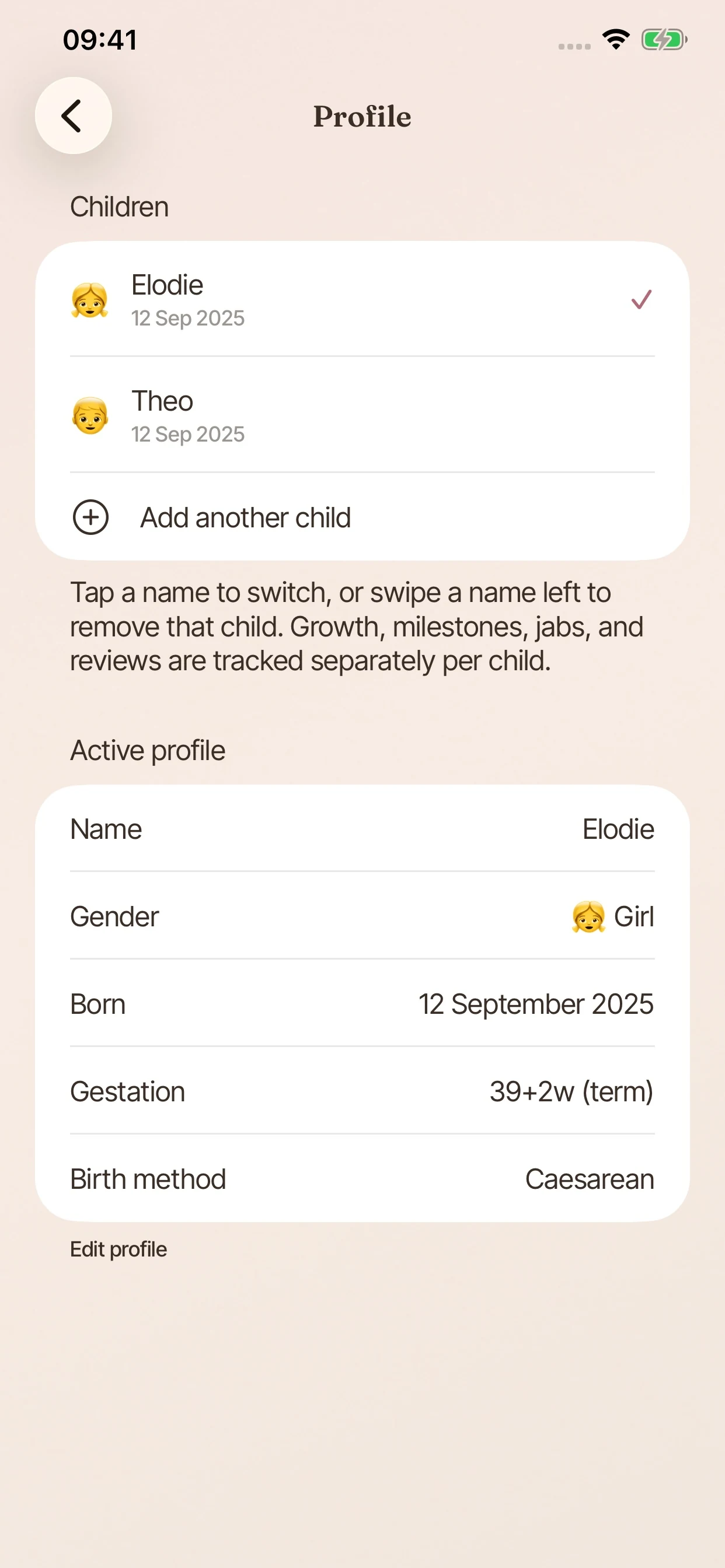 The Profile page listing Elodie and Theo, with an option to add another child.