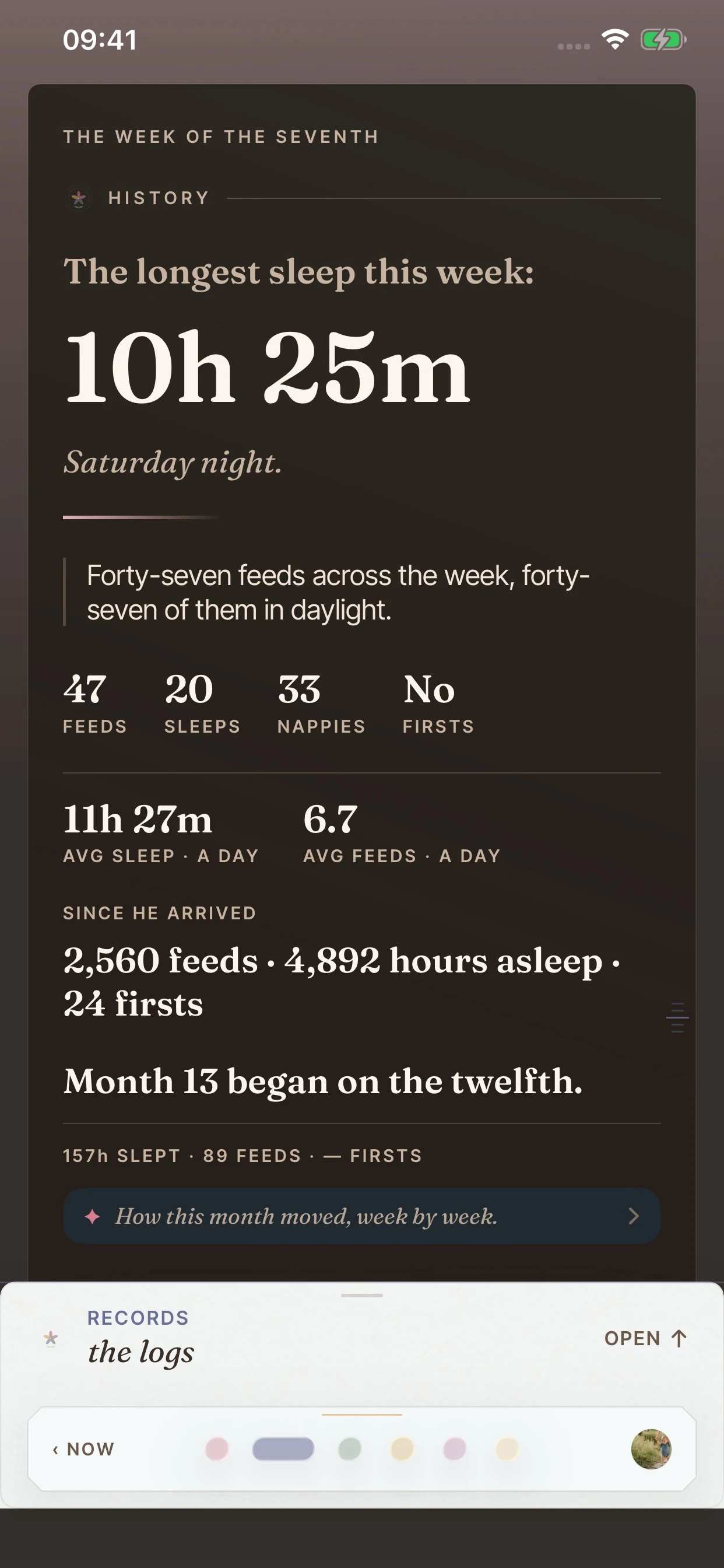 The BloomBook Week page showing a longest sleep of 10h 25m and weekly feed and sleep totals.