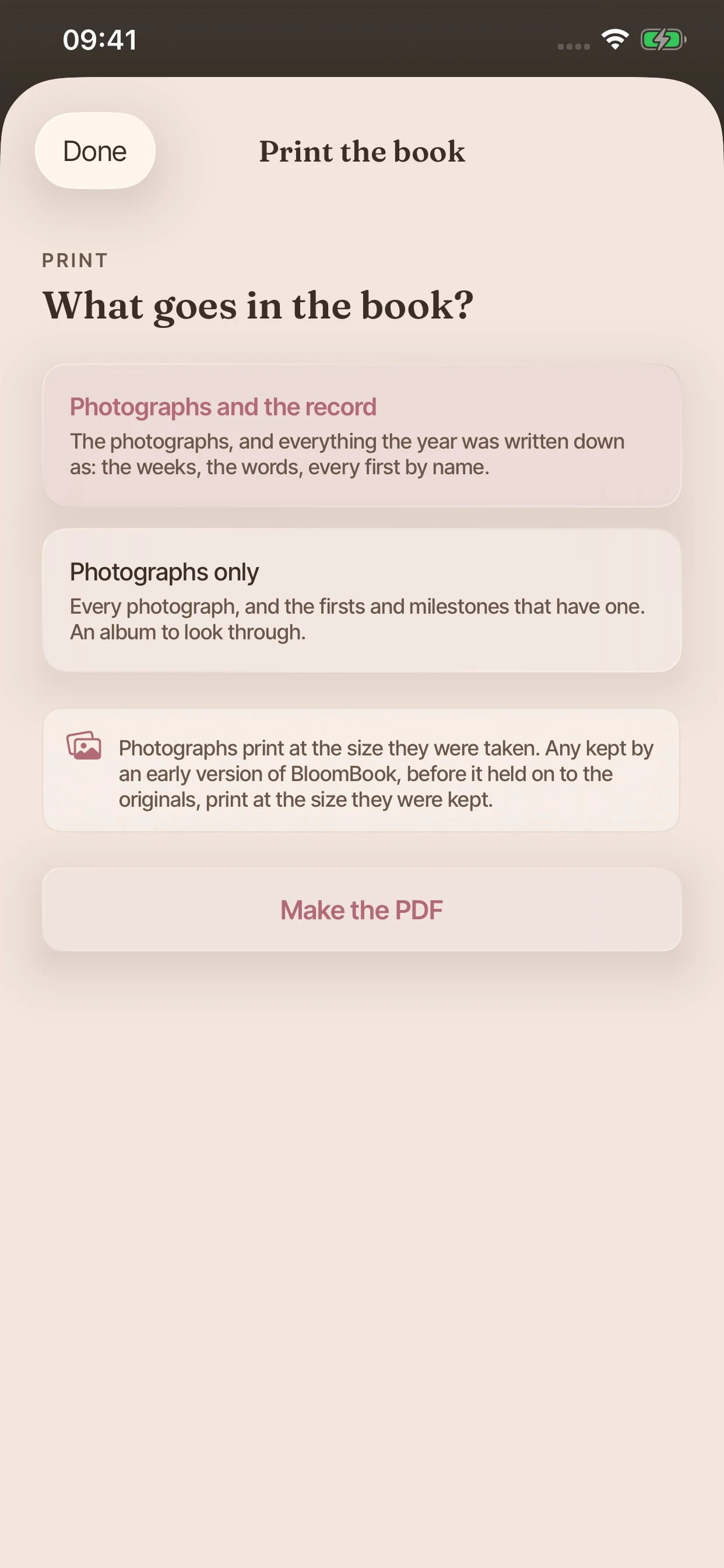 The Print the book sheet, explaining what goes into the book and offering Make the PDF.