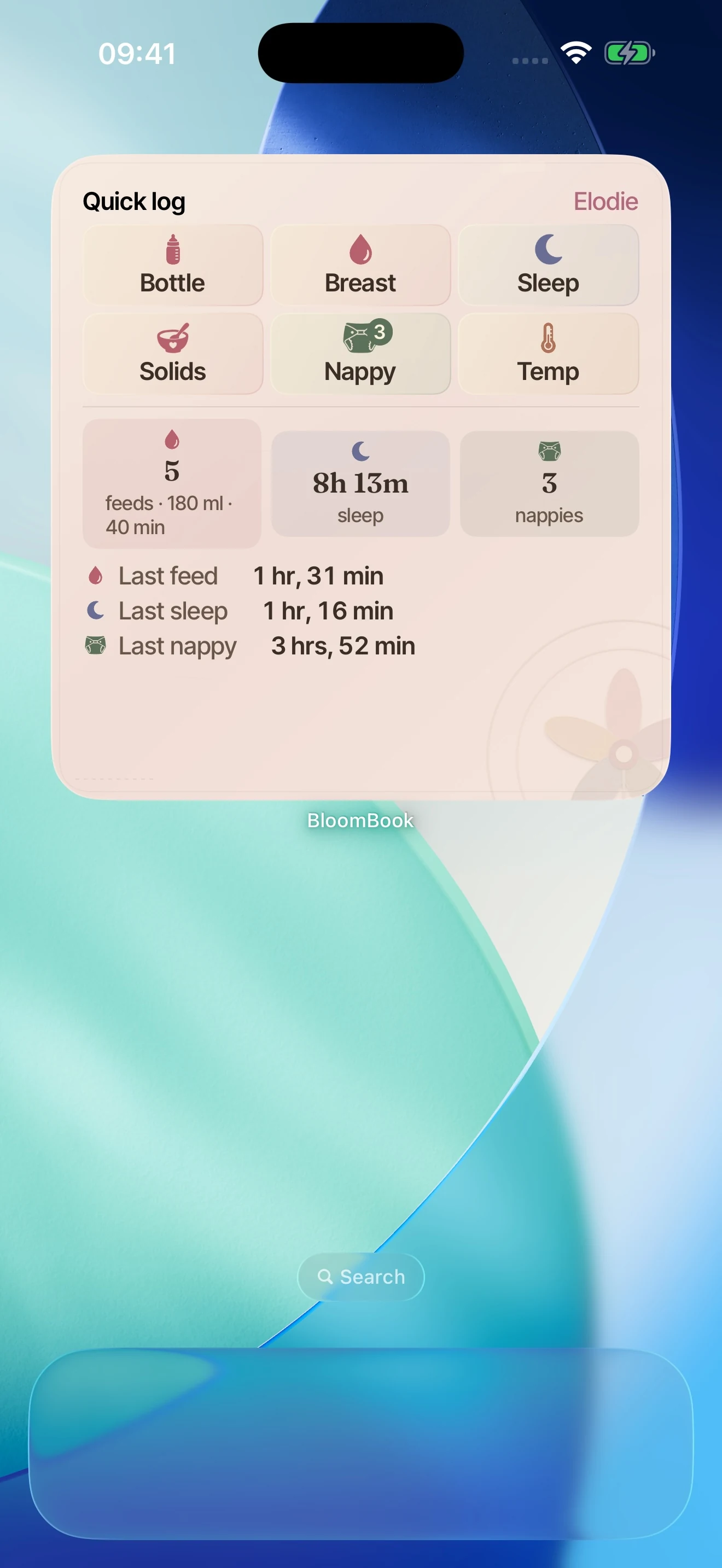 BloomBook’s large Quick Log widget on the Home Screen.